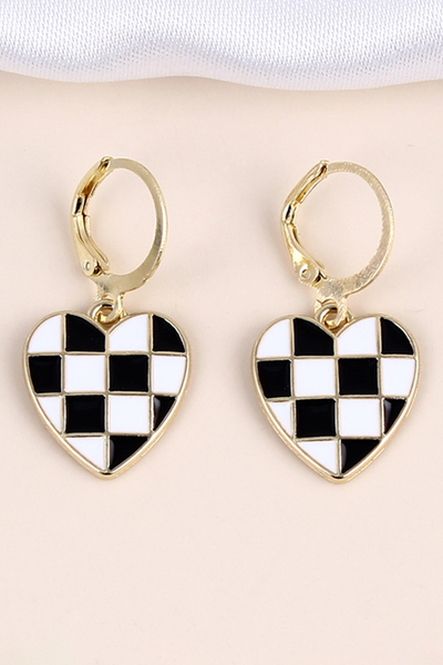 Black Checkered Heart Shaped Hoop Dangle Earrings