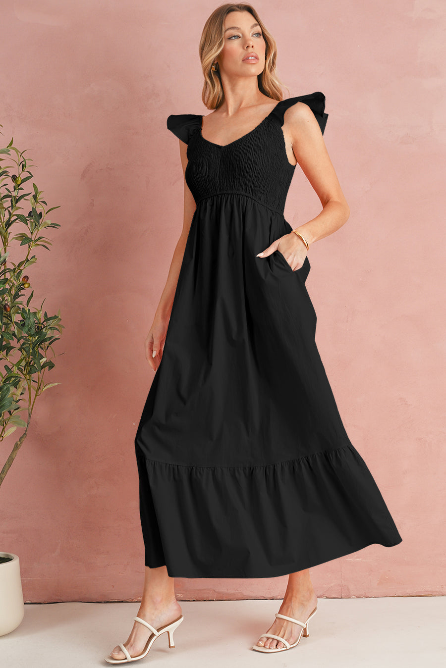 V-Neck Flutter Sleeve Smocked Bodice High Waist Ruffle Maxi Dress with Pockets- 2 Colors