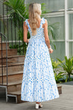 Blue Floral Striped Smocked A-Line Tie Strap Maxi Dress