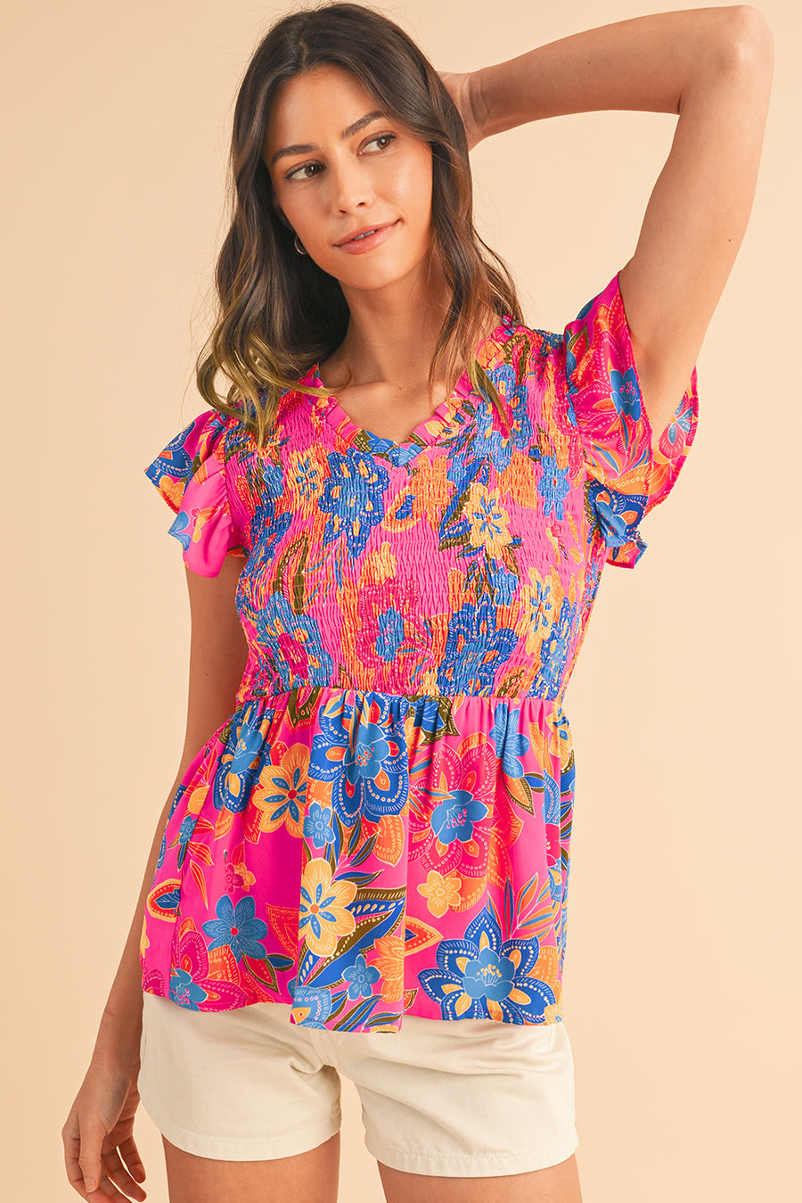 Neon Pink Floral Frill V-Neck Smocked Peplum Blouse