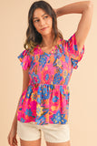 Neon Pink Floral Frill V-Neck Smocked Peplum Blouse
