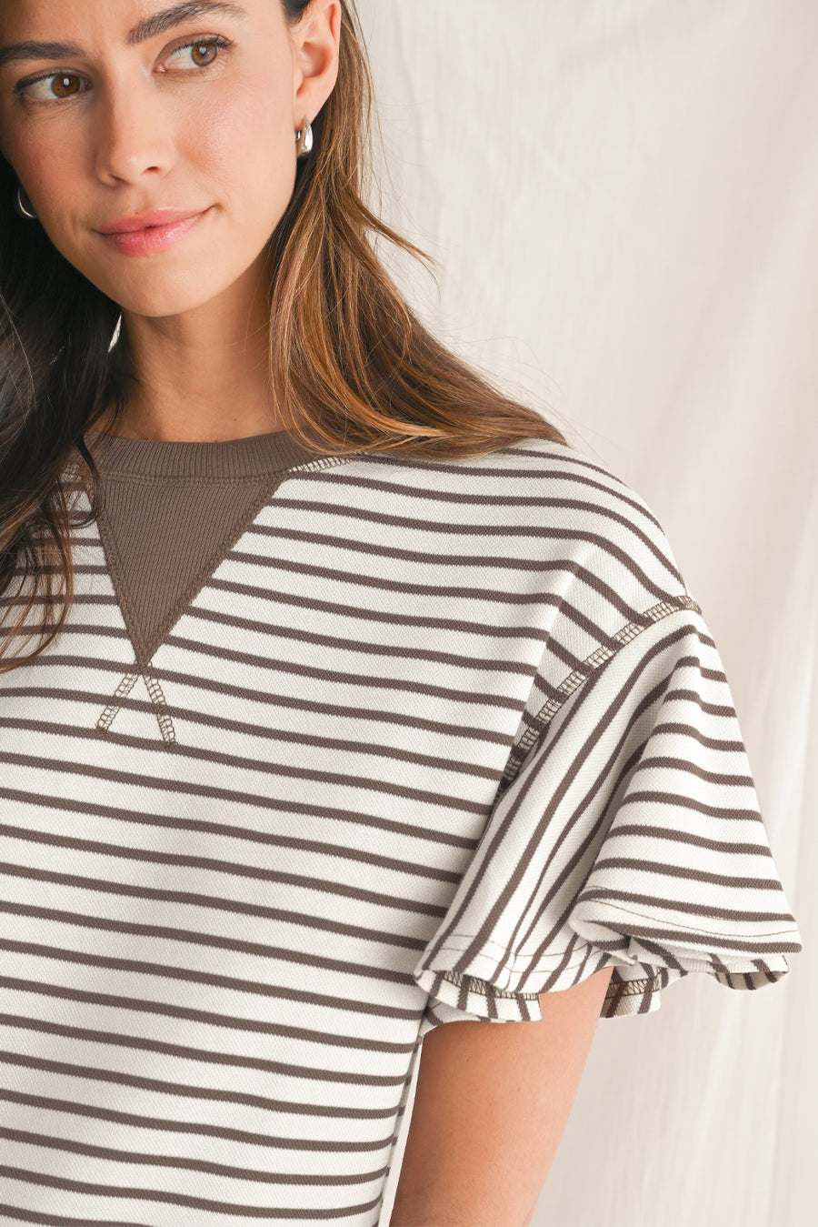 Striped Ruffle Sleeve Crew Neck T-Shirt- 3 Colors