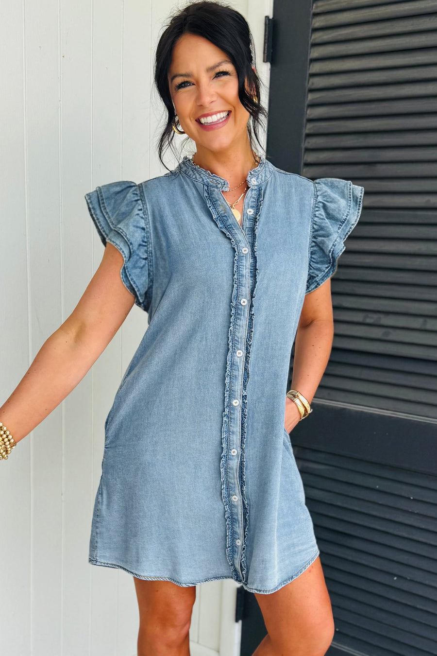 Frill Neck Button-Up Ruffled Short Sleeve Denim Mini Dress- 2 Colors