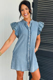 Frill Neck Button-Up Ruffled Short Sleeve Denim Mini Dress- 2 Colors