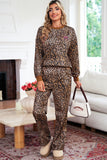 Leopard Print & Embroidered Bow Long Sleeve Top and Pants Set