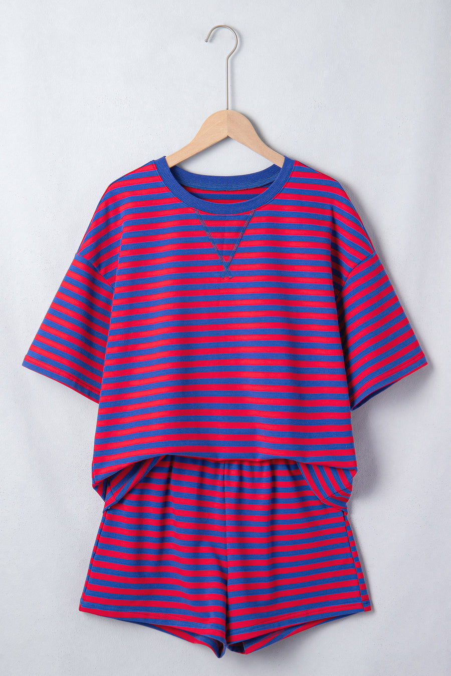 Striped Ribbed Short Sleeve T-Shirt and Shorts Set- 3 Colors