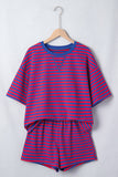 Striped Ribbed Short Sleeve T-Shirt and Shorts Set- 3 Colors