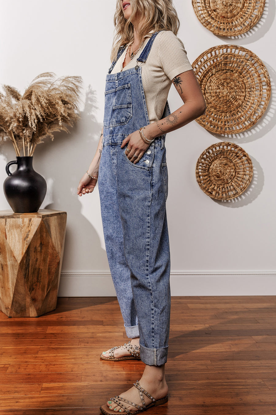 Mineral Wash Blue Straight Leg Denim Overalls