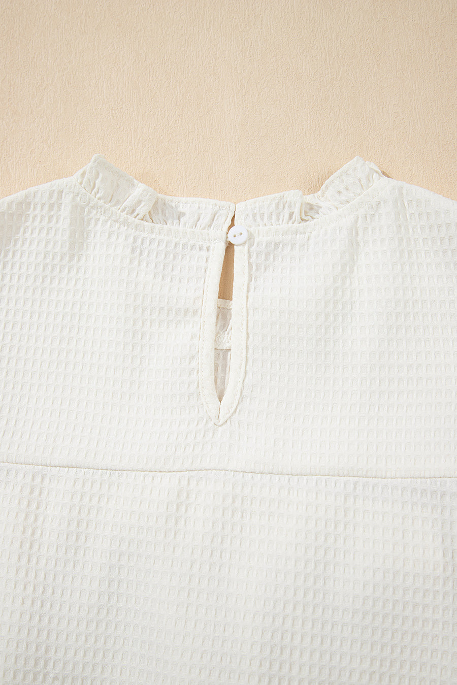 White Ruffle Trim Waffle Textured Short Sleeve Blouse