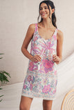 Pink and Lavender Bohemian Floral Tassel Tie V-Neck Mini Dress with Pockets