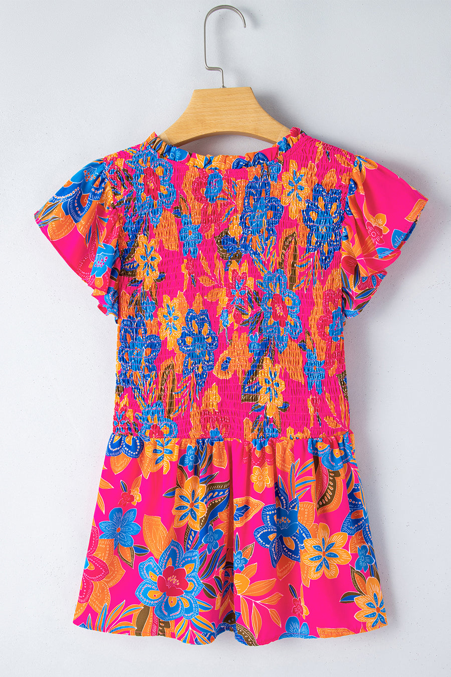 Neon Pink Floral Frill V-Neck Smocked Peplum Blouse