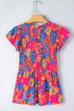 Neon Pink Floral Frill V-Neck Smocked Peplum Blouse