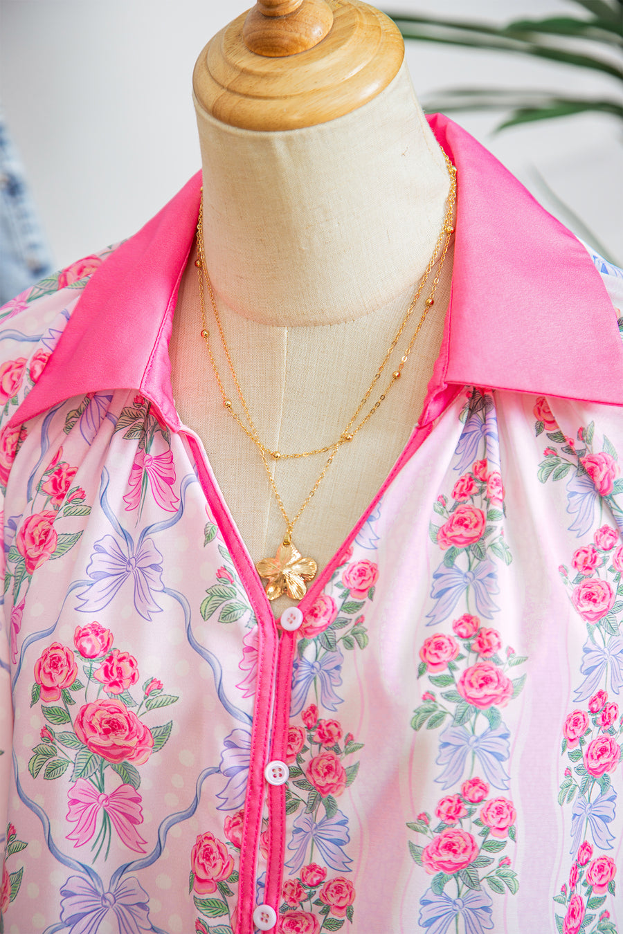 Bright Pink Bow Bouquets Collared Ruffled Short Sleeve Button-Up Blouse