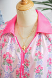 Bright Pink Bow Bouquets Collared Ruffled Short Sleeve Button-Up Blouse