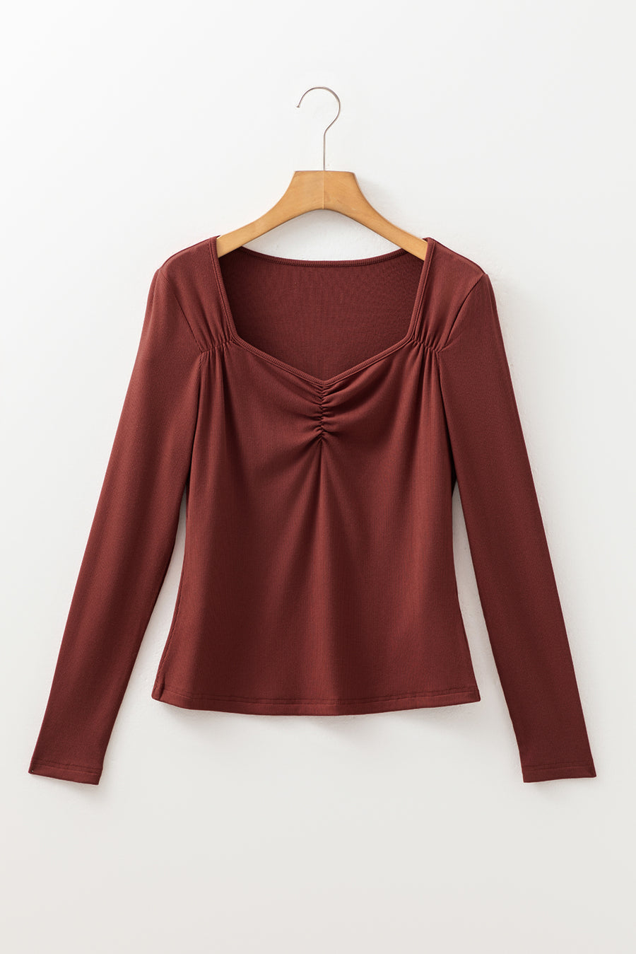 Burgundy Ruched Sweetheart Neck Ribbed Long Sleeve Top