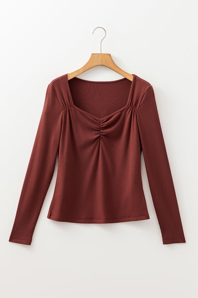 Burgundy Ruched Sweetheart Neck Ribbed Long Sleeve Top