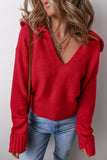 Red Ribbed Edge Sailor Collar V-Neck Loose Fit Sweater