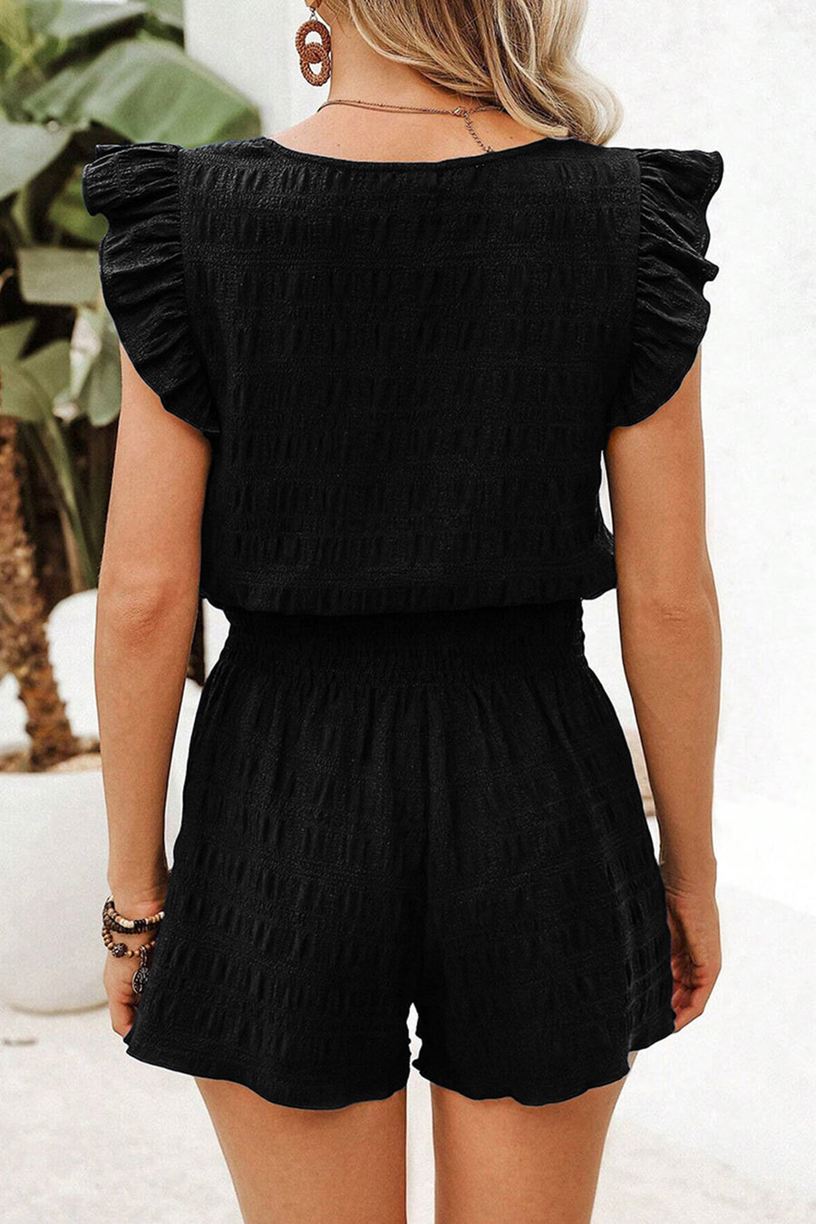 Textured Ruffle Blouse and Shirred High-Waist Shorts Set- 5 Colors
