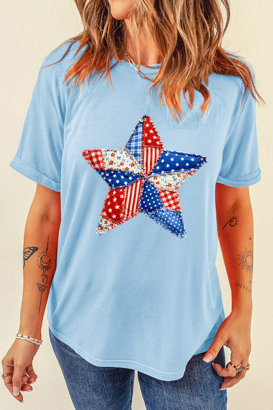 Light Blue Faux Patchwork American Star Graphic T-Shirt