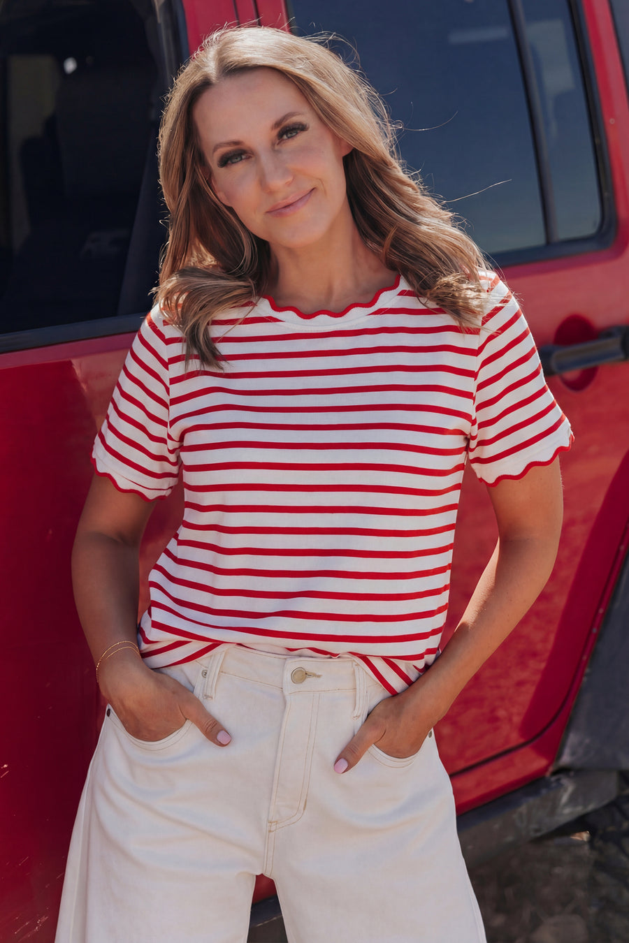Striped Scalloped Trim Crew Neck Short Sleeve T-Shirt- 5 Colors
