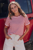 Striped Scalloped Trim Crew Neck Short Sleeve T-Shirt- 5 Colors