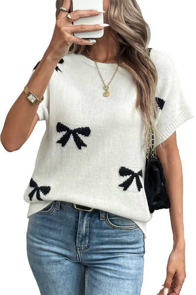 Black Bow Pattern Short Sleeve Knit Top