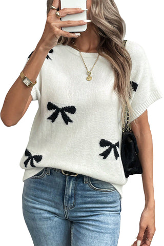 Black Bow Pattern Short Sleeve Knit Top