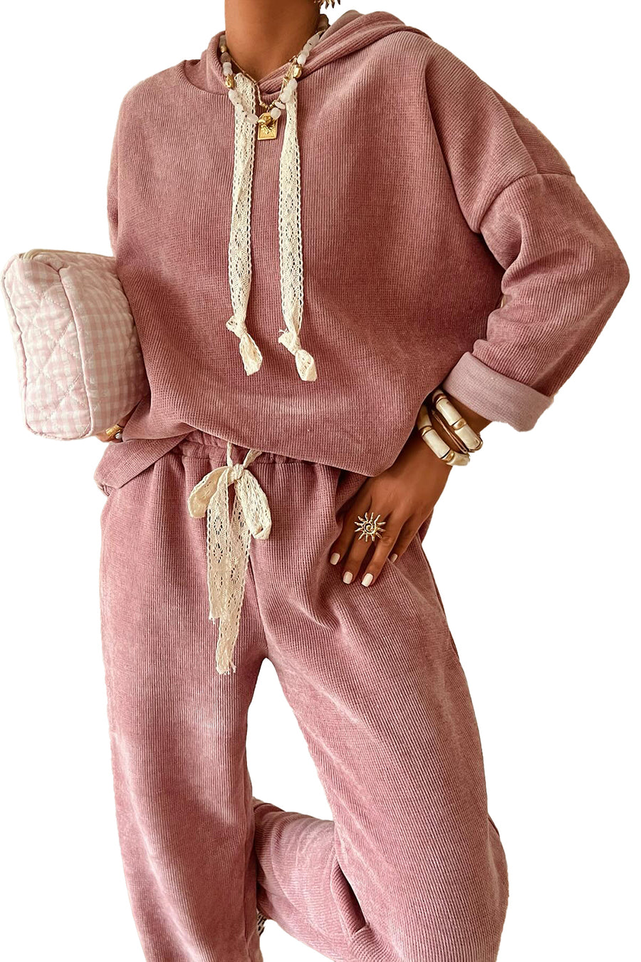Contrast Drawstring Hoodie and High Waist Pants Corduroy Set- 5 Colors