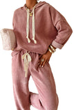 Contrast Drawstring Hoodie and High Waist Pants Corduroy Set- 5 Colors
