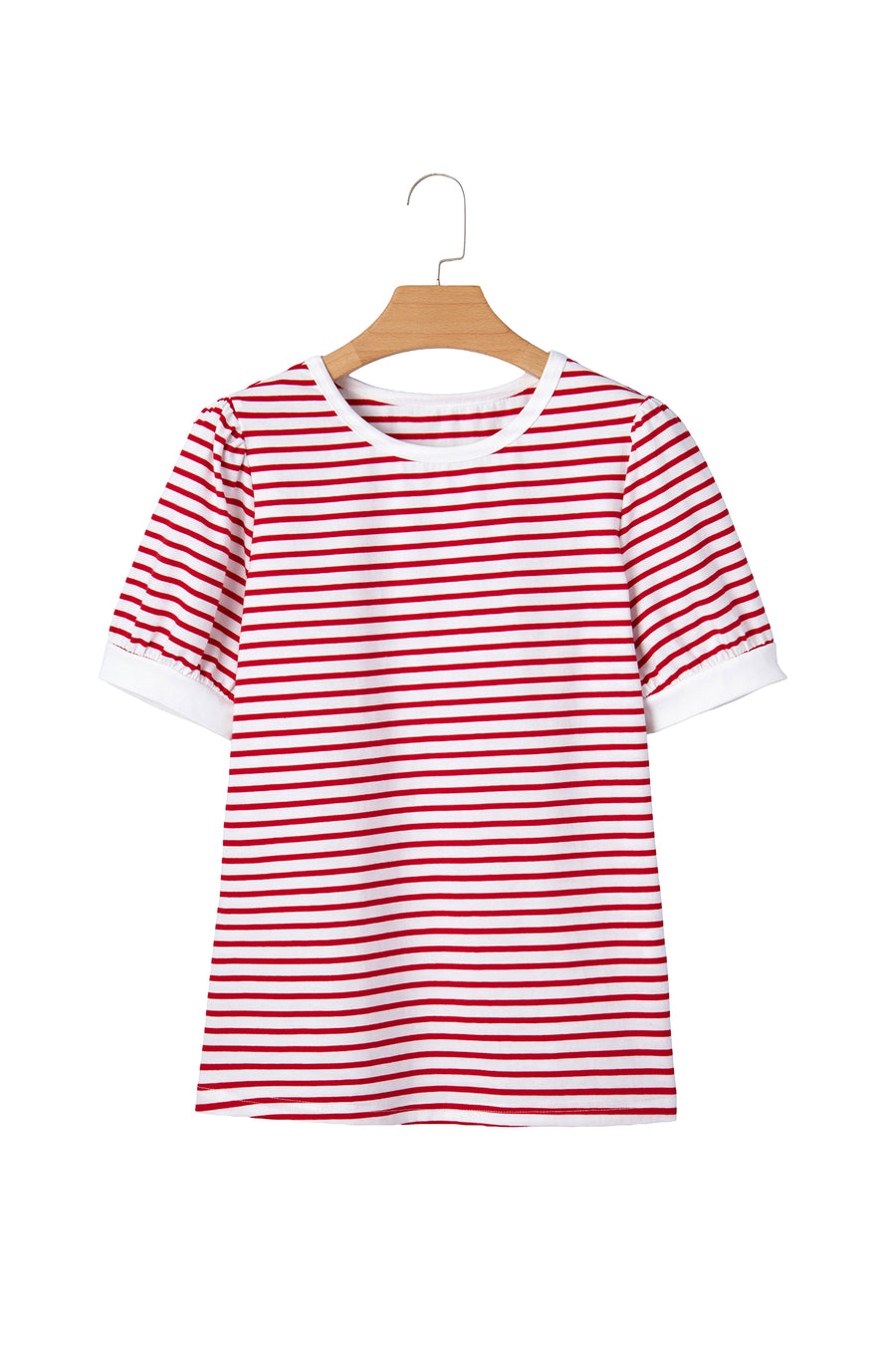 Red Striped Contrast Trim Crew Neck Short Puff Sleeve T-Shirt