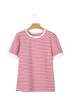 Red Striped Contrast Trim Crew Neck Short Puff Sleeve T-Shirt