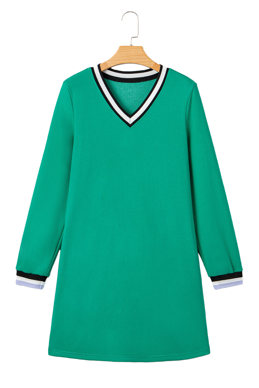 Green Contrast Striped V-Neck Long Sleeve T-Shirt Dress with Pockets
