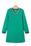 Green Contrast Striped V-Neck Long Sleeve T-Shirt Dress with Pockets