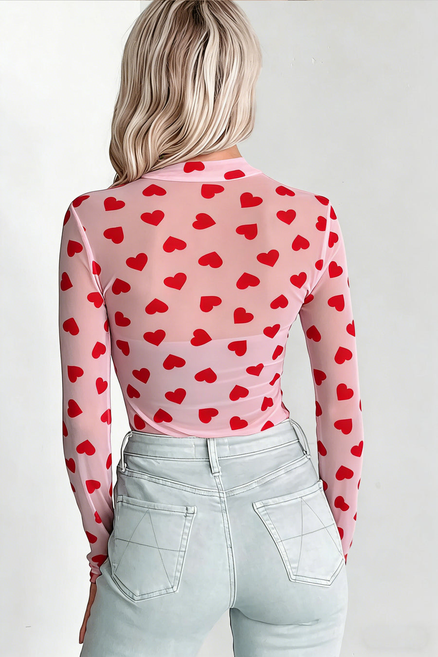 Heart Printed Sheer Mesh Long Sleeve Top- 2 Colors