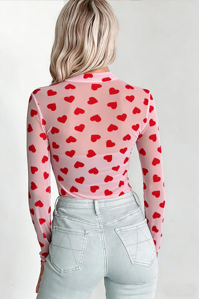 Heart Printed Sheer Mesh Long Sleeve Top- 2 Colors