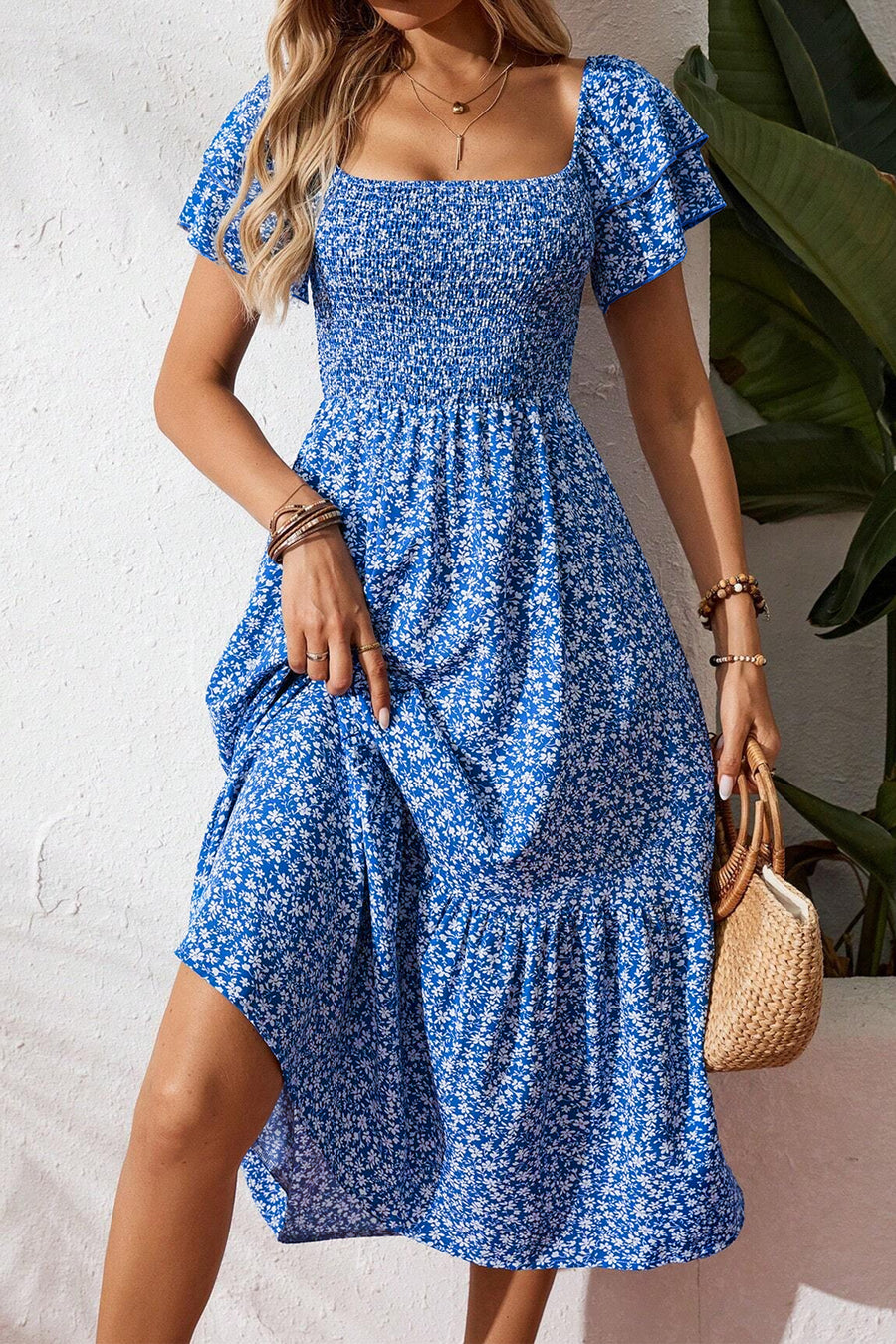 Floral Print Smocked Ruffle Sleeves Dress B