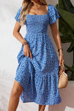Floral Print Smocked Ruffle Sleeves Dress B