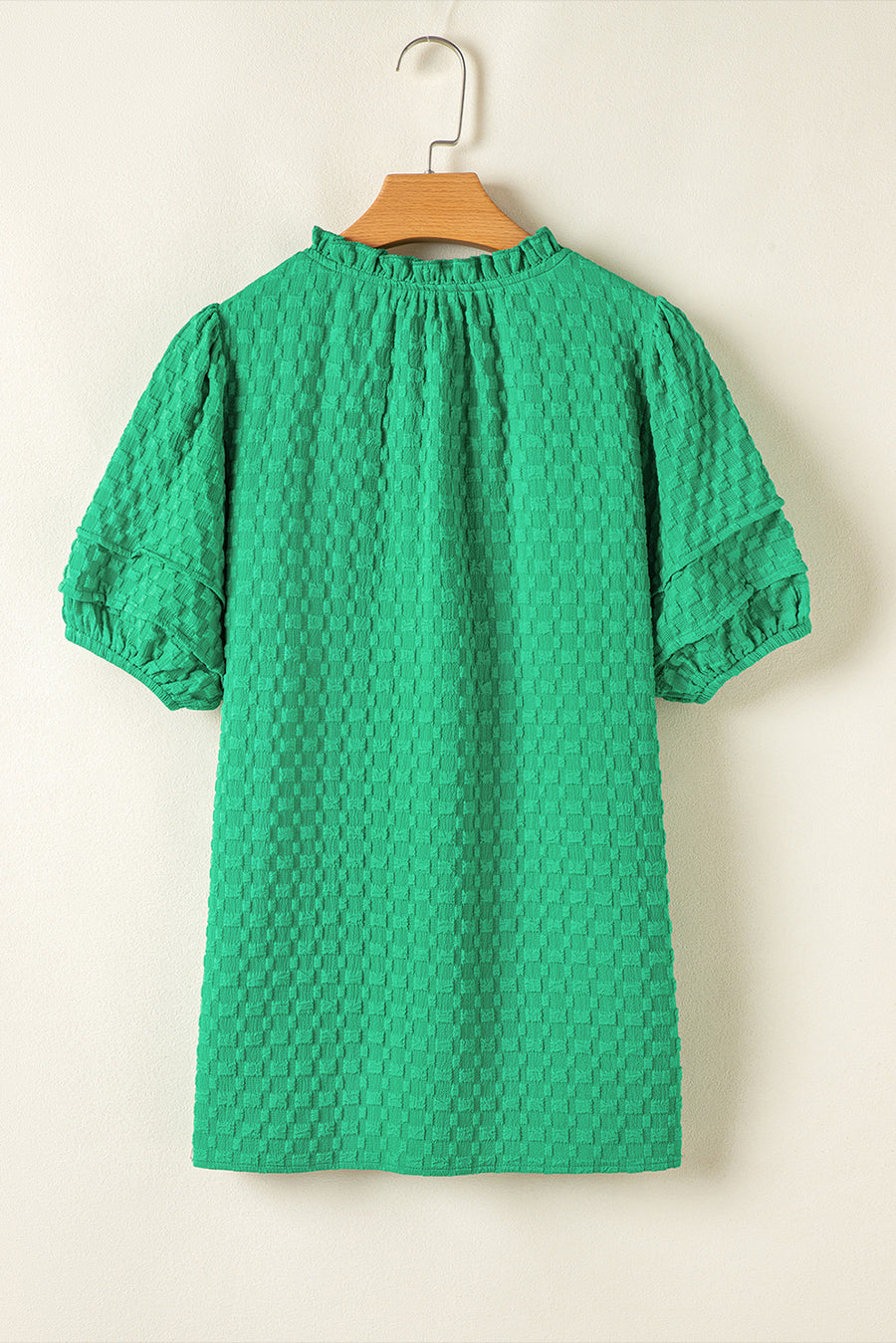 Bright Green Textured Puff Sleeve Frilled & Notched V-Neck Blouse