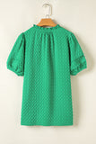 Bright Green Textured Puff Sleeve Frilled & Notched V-Neck Blouse
