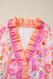 Pink Poppy Floral Striped Color Block Trim V-Neck Ruffled Short Sleeve Blouse