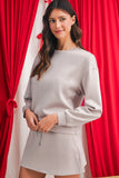 Solid Color Drop Shoulder Sweatshirt & Drawstring Mini Skirt Set- 2 Colors