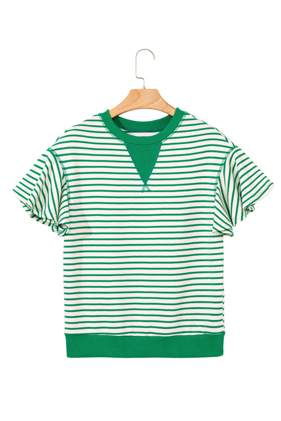 Striped Ruffle Sleeve Crew Neck T-Shirt- 3 Colors