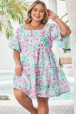 Plus Size White Floral Print Ricrac Trim Square Neck Mini Dress