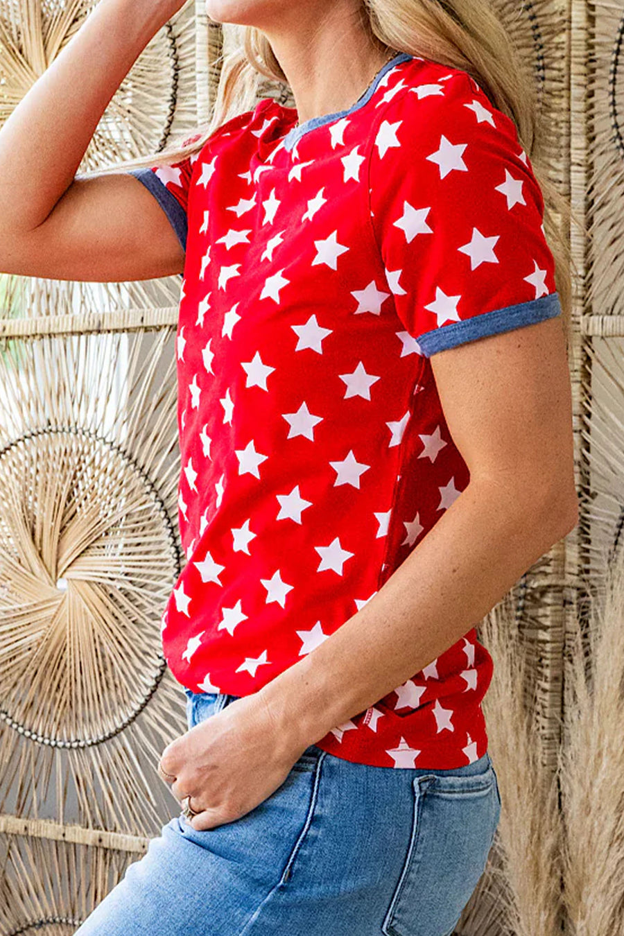 Red and White Star Print Contrast Trim T-Shirt