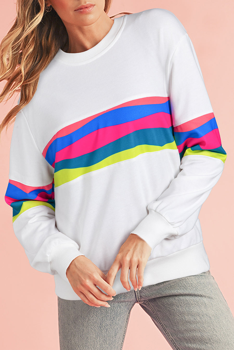 Green Multicolored Wavy Striped Crew Neck Long Sleeve Top- 2 Colors