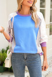 Blue Multi Color Block Patchwork Crew Neck Pullover Sweatshirt