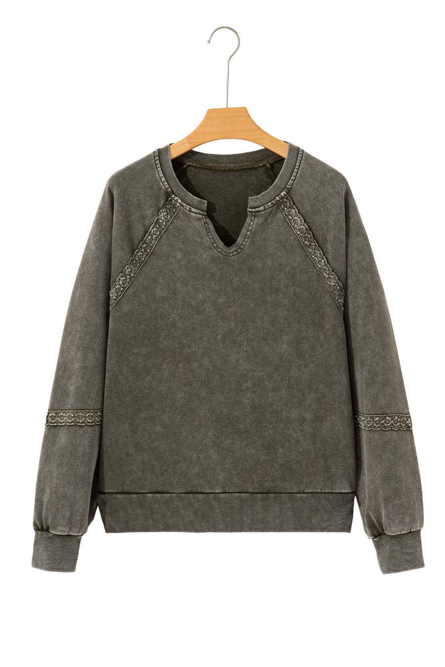 Lace Applique Notched Neck Mineral Wash Baggy Sweatshirt- 4 Colors
