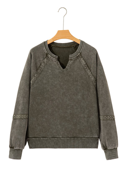 Rose Red Lace Applique Notched Neck Mineral Wash Baggy Sweatshirt