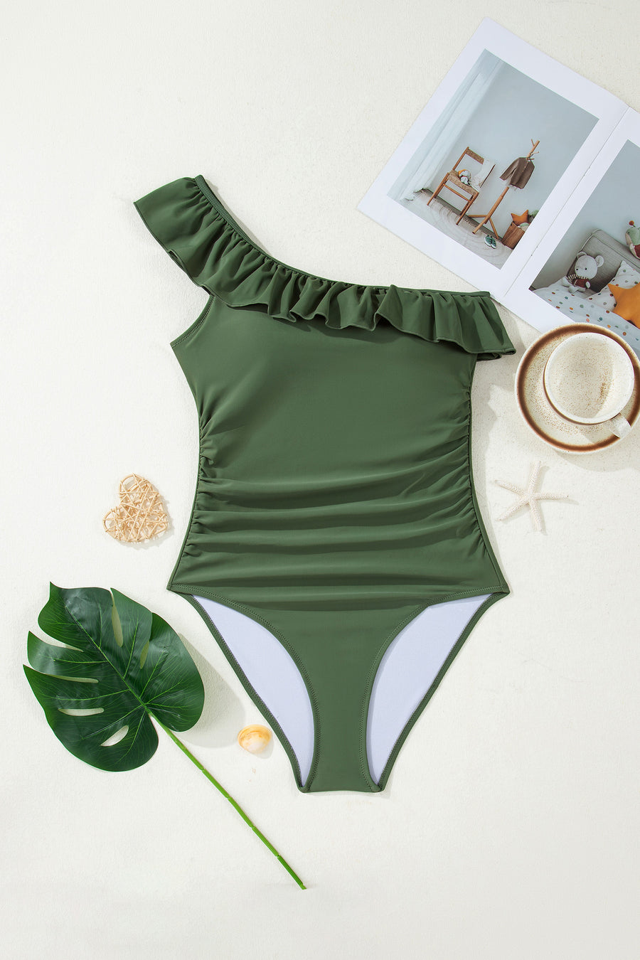 Solid Color Ruffle Trim One-Shoulder One-Piece Swimsuit- 3 Colors