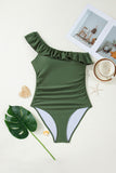 Solid Color Ruffle Trim One-Shoulder One-Piece Swimsuit- 3 Colors